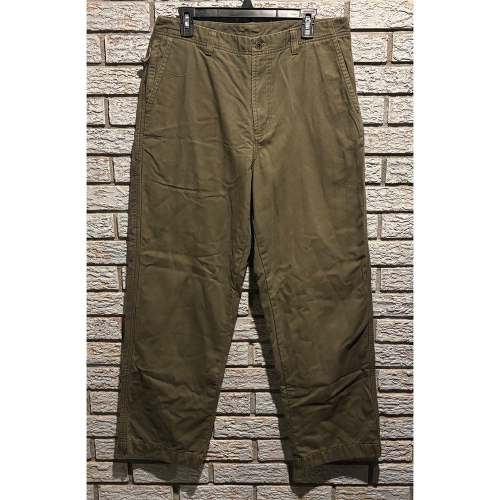 LL Bean Flannel Lined Chino Pants Mens 34x32 Olive Green Cotton Straight Leg